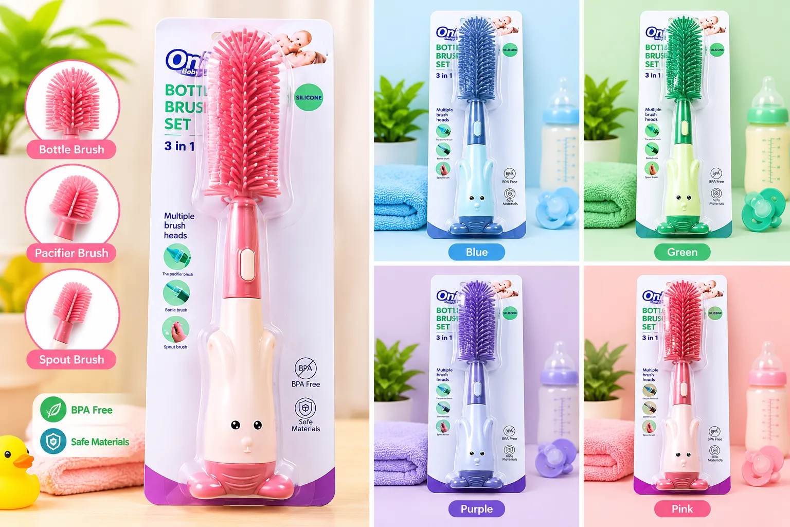 Only Baby 3-in-1 Silicone Baby Bottle Brush Set – Bottle, Nipple & Pacifier Cleaner