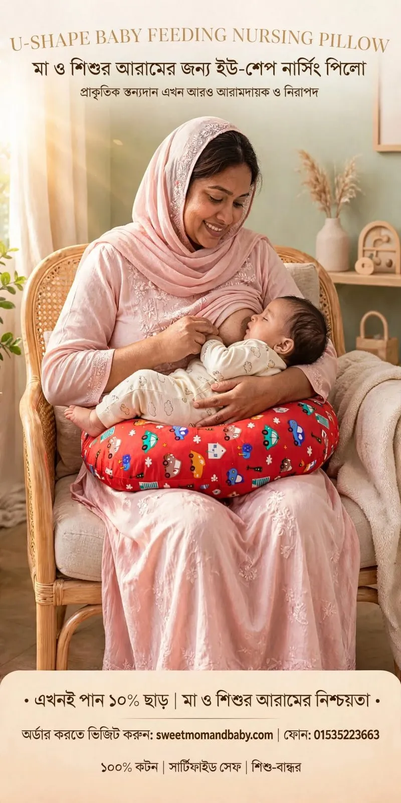 U-Shape Baby Feeding Nursing Pillow for Mother and Baby - 100% Cotton